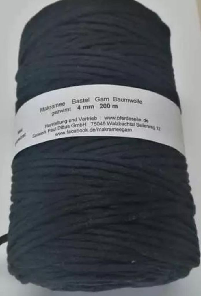 Makrameegarn Makramee Baumwollgarn Bastelgarn SCHWARZ 200 Meter 4 mm GEFLOCHTEN