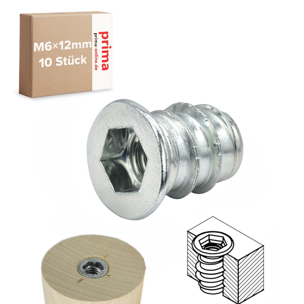 10x Einschraubmuffen M6 – Länge 12 mm – Einschraubmutter Eindrehmuffen Innensechskant M6x12