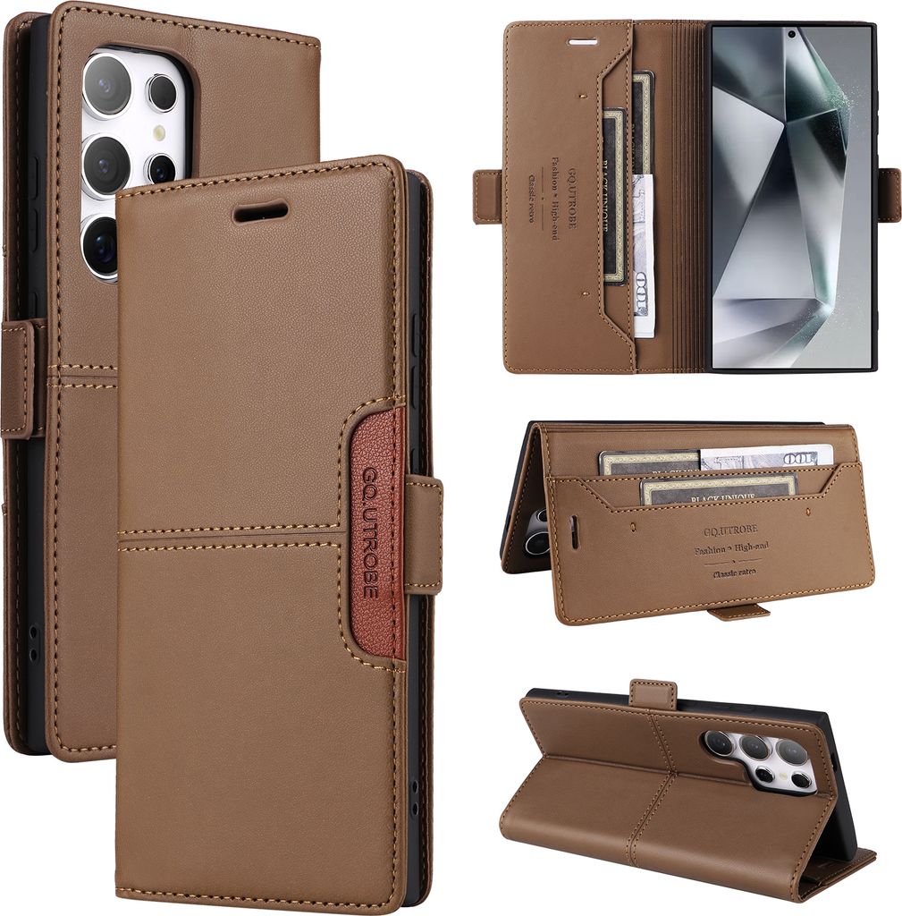 Handyhülle für Samsung Galaxy S24 Ultra Hülle, Leder Flip Wallet Kartenfach Stand Schutzhülle Braun