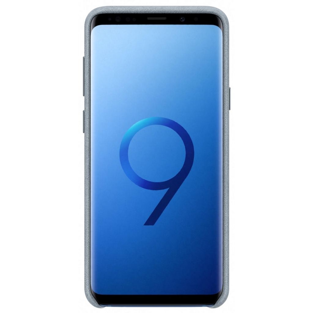 A Samsung Galaxy S9 Plus phone with a mint green Alcantara case is shown against a white background. The phone screen displays a large blue number '9' logo.