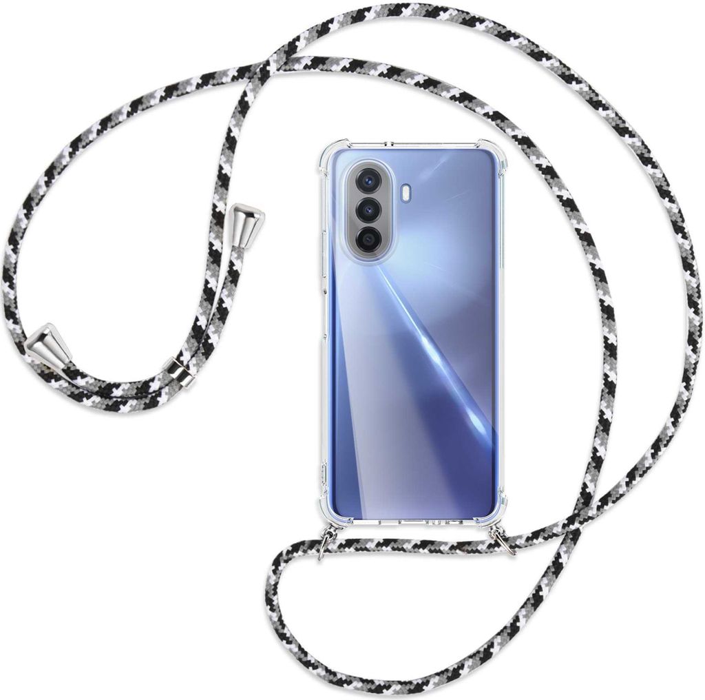 Handykette Backcover-Schutzhülle mit Band (Metall silberfarben) für Huawei nova Y70 4G (MGA-LX9) - schwarz/grau/weiß