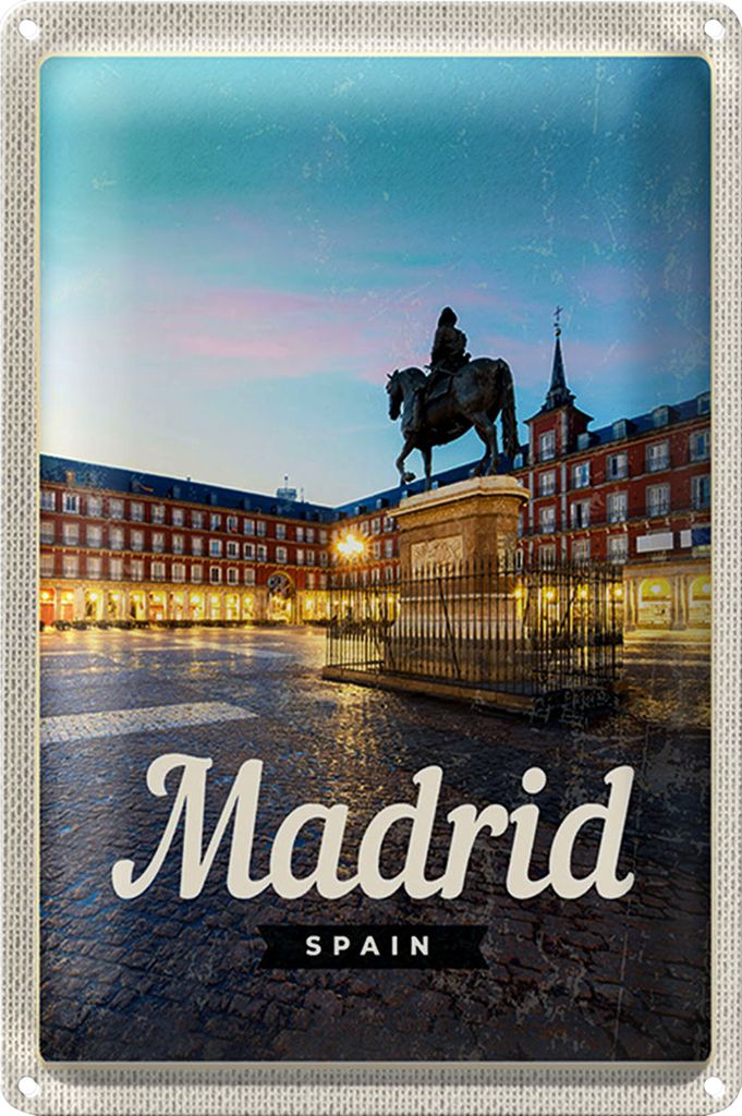 Blechschild Reise 18x12cm Madrid Spain Stadt Sonnenuntergang