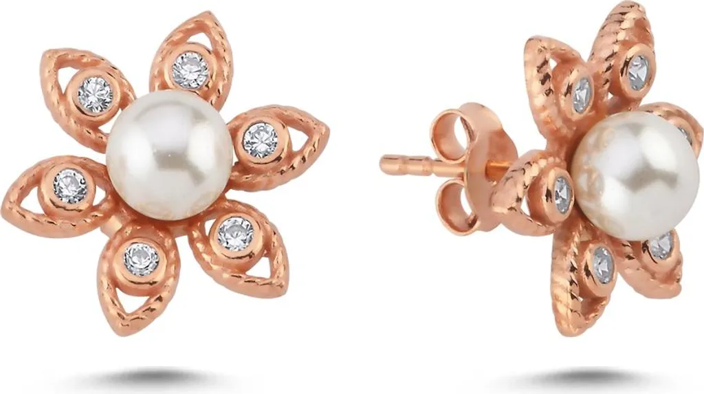 Boucles d'oreilles argent 925 motif floral, perle et zircone rose doré