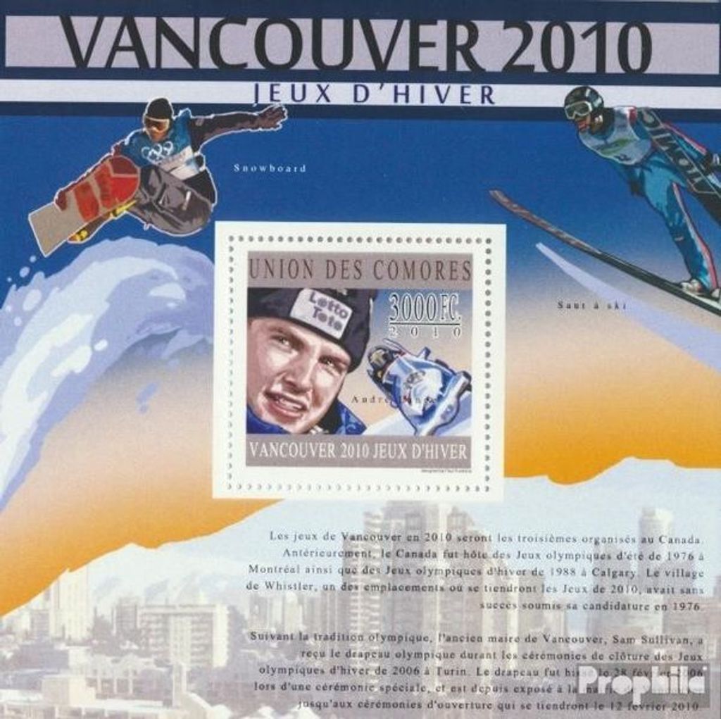 Briefmarken Komoren 2010 Mi Block 606 (kompl. Ausg.) postfrisch Winterspiele - Vancouver 2010 (Andre Lange)