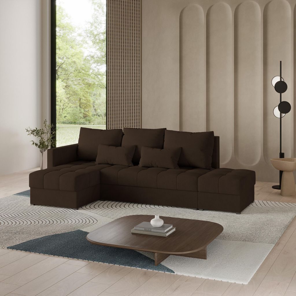 Masseno Ecksofa LUMARI L-S mit Schlaffunktion L-Form, Sofa mit Bettkasten, Wohnzimmersofa, Couch, Soffa, Bettsofa, Couchgarnitur- Braun, KRONOS 06