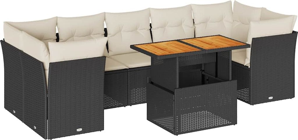 vidaXL 8-tlg. Garten-Sofagarnitur mit Kissen Schwarz Poly Rattan