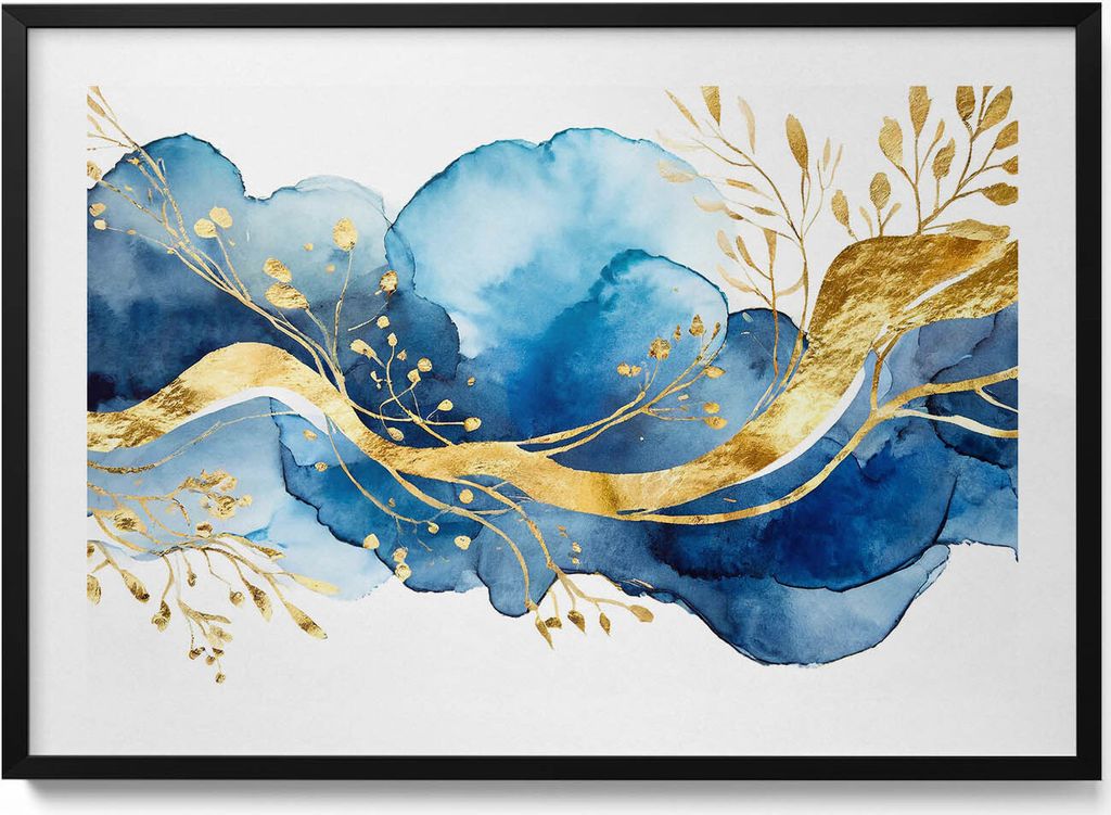 Abstraktion von goldenen Pflanzen auf blauem Hintergrund– Wandbild mit Rahmen – Gerahmtes Bild – Wanddekoration – 100x70 cm – Schwarz Rahmen