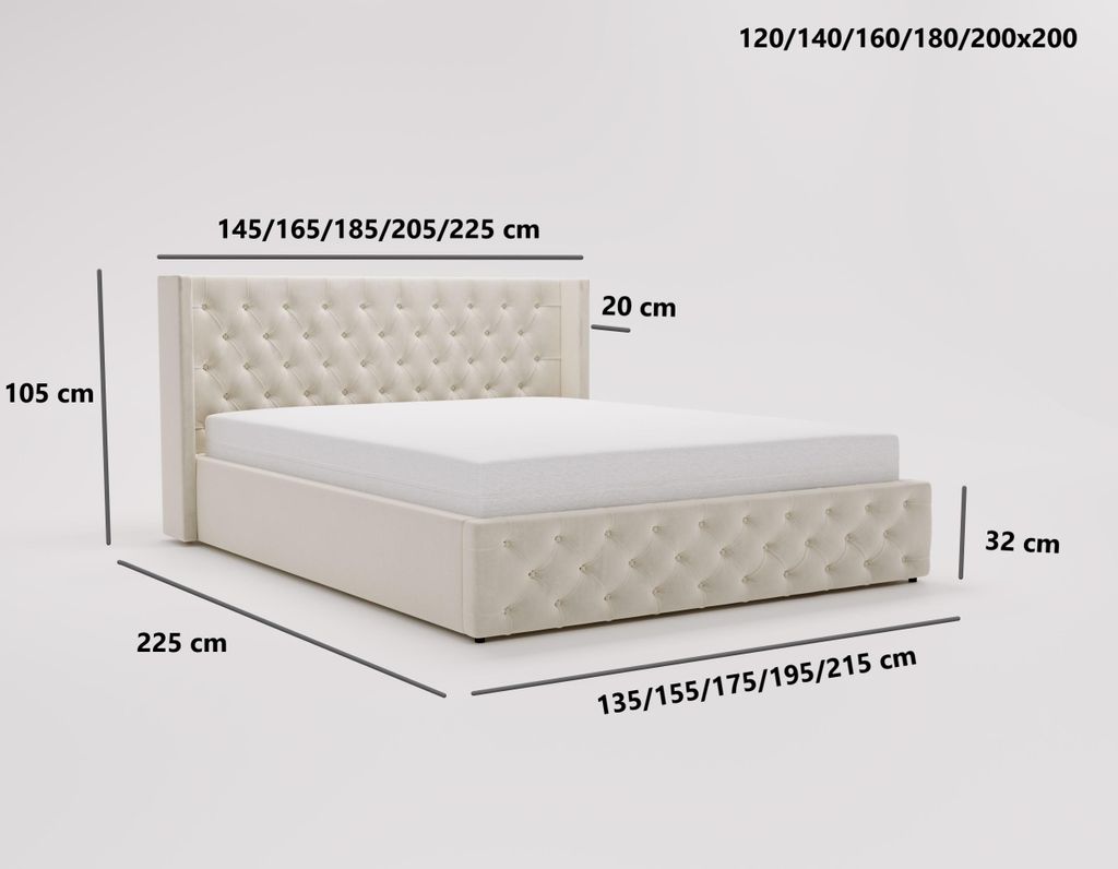 Doppelbett 140x200 Rolia, Chesterfield, Glamour stil - Polsterbett 140 x 200 mit Bettkasten, Metall-Lattenrost - Samt Hellgrau