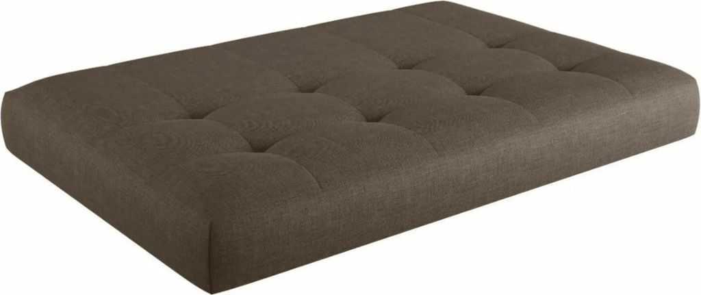 A brown tufted cushion for pallet furniture, shown from a diagonal angle on a white background.