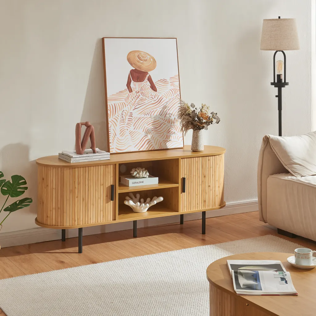 Meuble TV bas en bambou naturel Tvedestrand avec rangements fermés