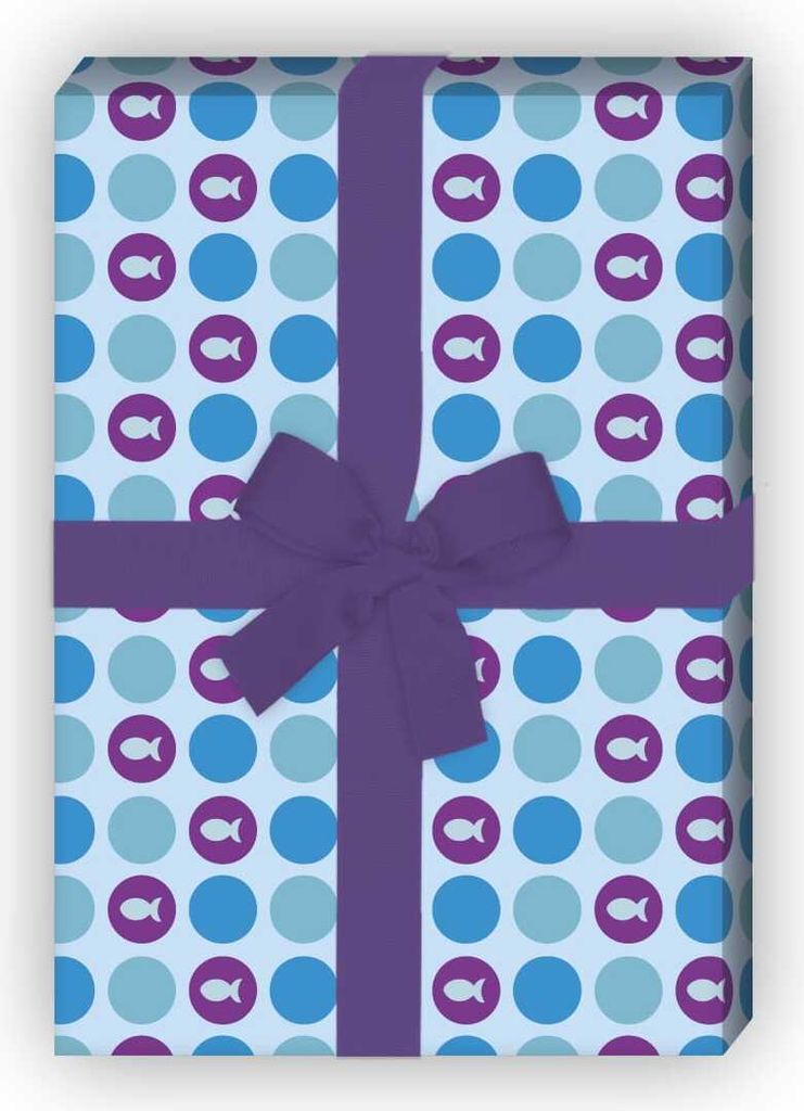 Schönes Punkte Geschenkpapier mit kleinen Fischen in blau lila - G6271, 32 x 48cm