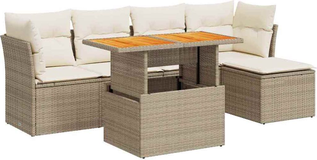 6-tlg. Garten-Sofagarnitur mit Kissen Beige Poly Rattan