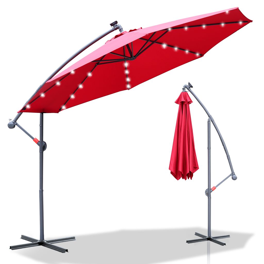 TolleTour Sonnenschirm mit LED Beleuchtung Ampelschirm 350 cm Garten Schirm mit 32 LED-Lämpchen UV-Schutz Kurbelschirm Ständer Gartenschirm Markt...