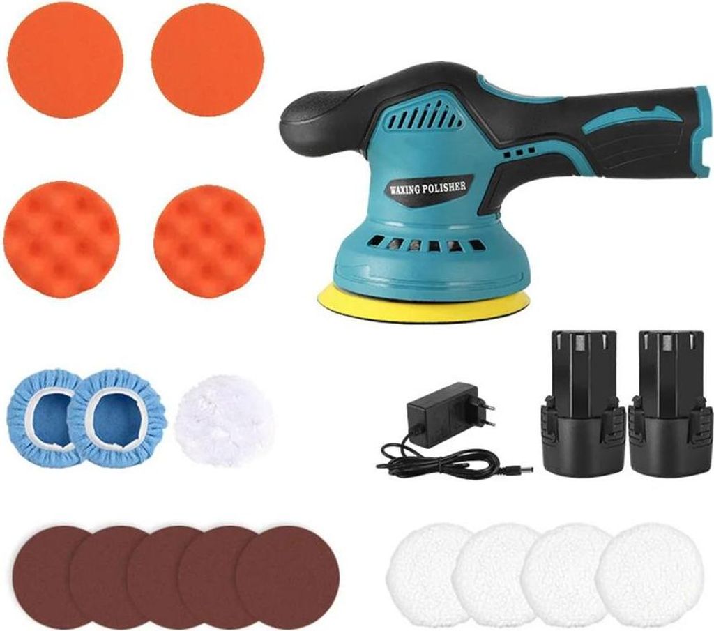Auto Poliermaschine - Kabellos 12V - 380 W - 8 Stufen - 125 mm Teller - 2800–5500 U/min - LED-Licht - Braun