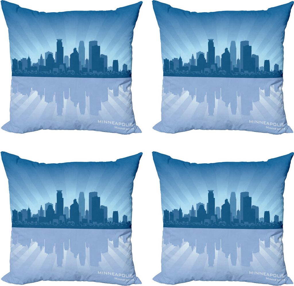 ABAKUHAUS Minnesota Kissenbezug Set (4 Stück), Minneapolis Silhouette, Moderner Doppelseitiger Digitaldruck, 40 cm x 40 cm, Nachtblau, Blau, Grau