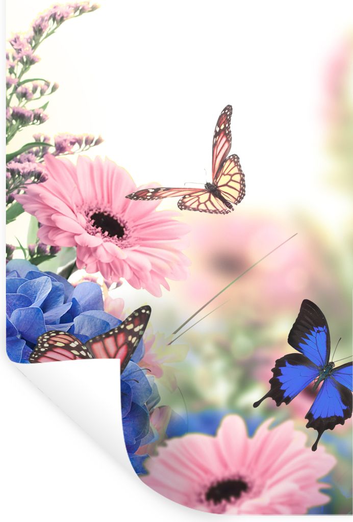 MuchoWow Wandtattoo Wandsticker Wandaufkleber Schmetterlinge - Blumen - Hortensien - Insekten 20x30 cm Selbstklebend und Repositionierbar - Stick...