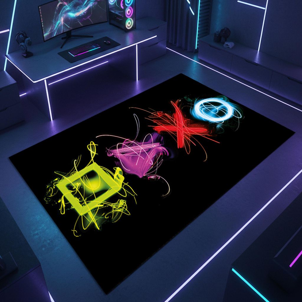 Gaming Teppich mit neonfarbigen Symbolen auf schwarzem Hintergrund Größe - 140 x 200 cm