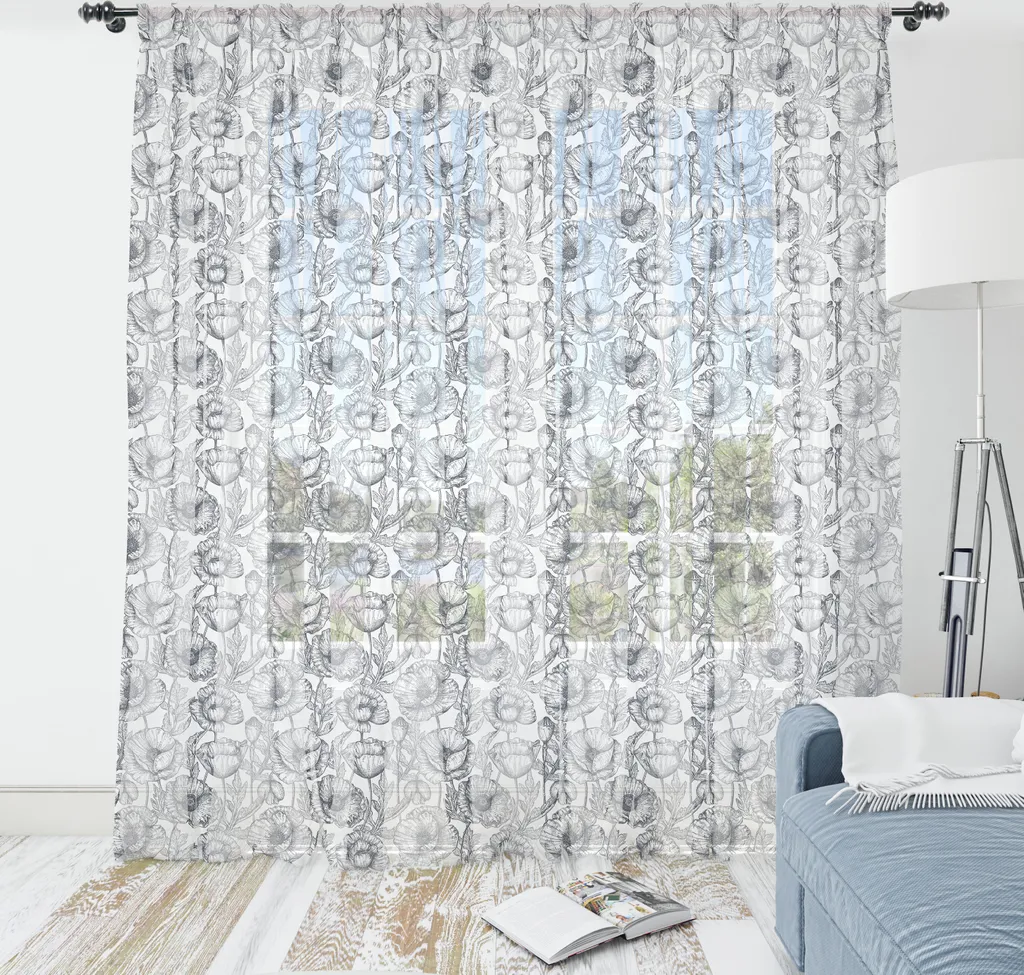 Tapisserie murale ABAKUHAUS motif coquelicots bleu et gris 180x274 cm