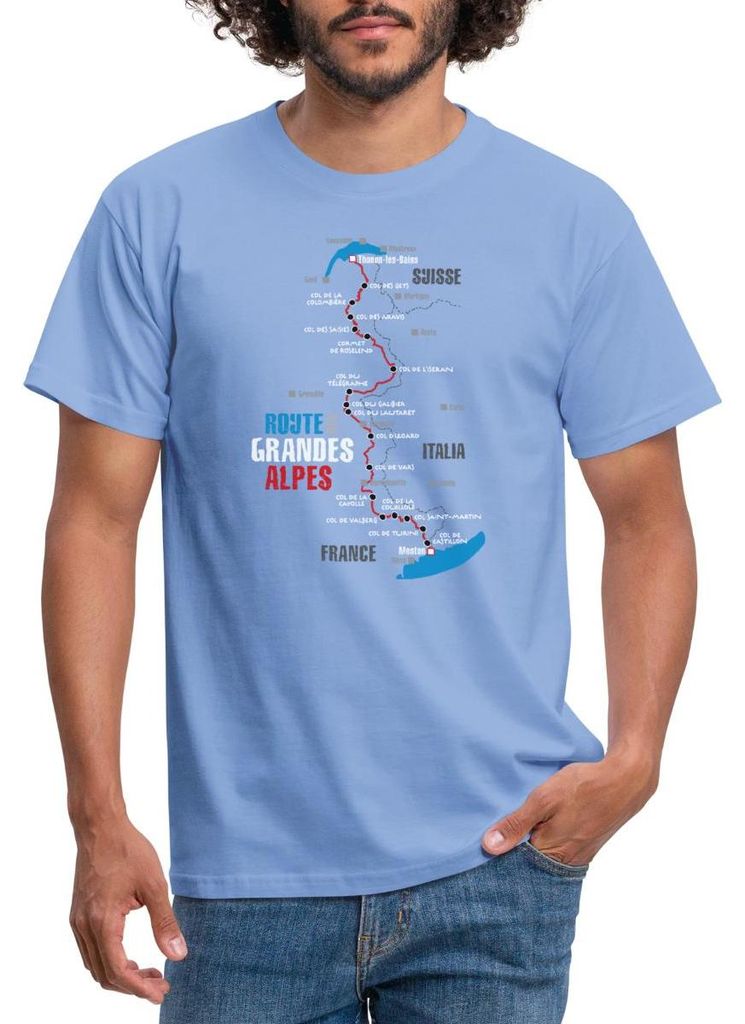 Spreadshirt Route Des Grandes Alpes Karte Mit Alpenpässen Männer T-Shirt, XXL, Carolina Blue