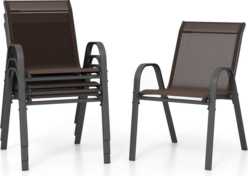 A stack of four brown mesh and gray metal outdoor chairs and one separate chair.