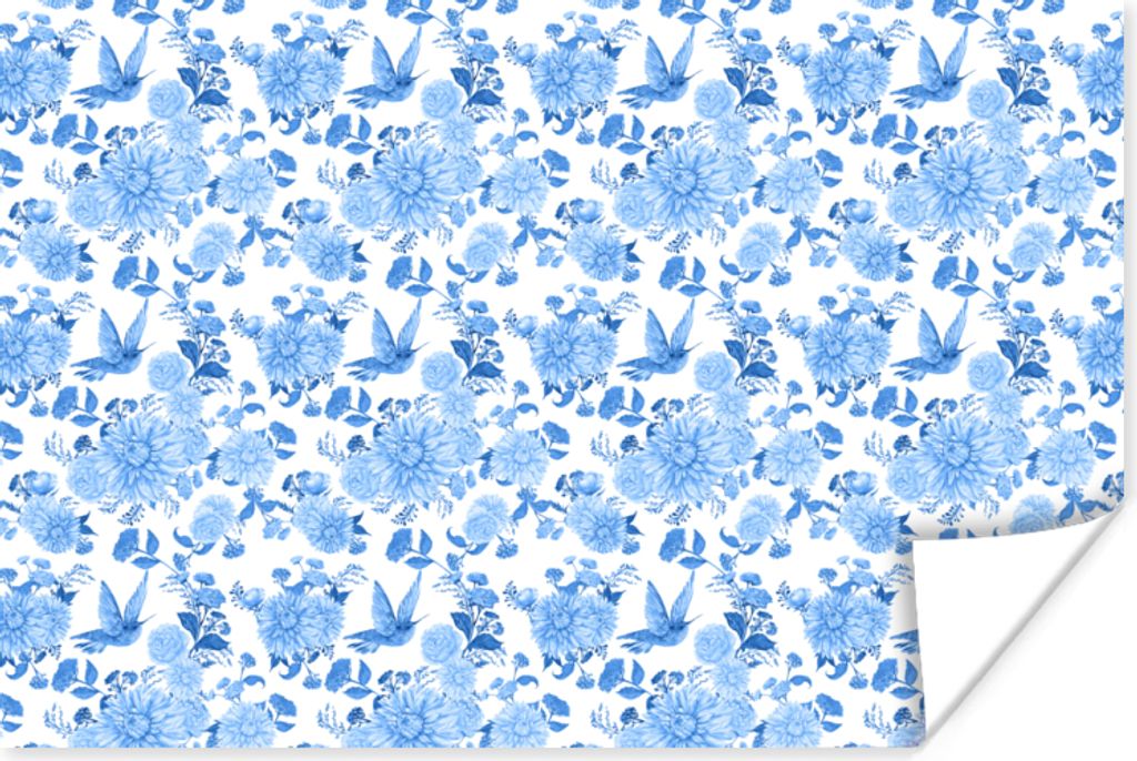 MuchoWow Poster Blumen - Muster - Blau 90x60 cm - Schlafzimmer