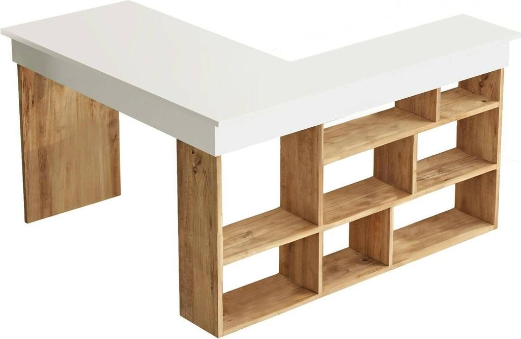 Schreibtisch Angete, Mehrzweckschreibtisch, Bürotisch für PC, Eckschreibtisch, 129x120h72 cm, Eiche und Weiß