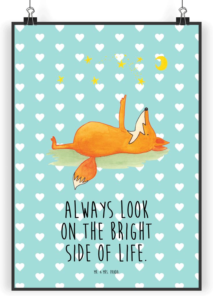 Mr. & Mrs. Panda Bild Fuchs Sterne DIN A5 - Türkis Pastell - Geschenk, Optimistisch, Mond, wanddeko, drucke, wandkunst, Positiv, Wandbild, Plakat,...