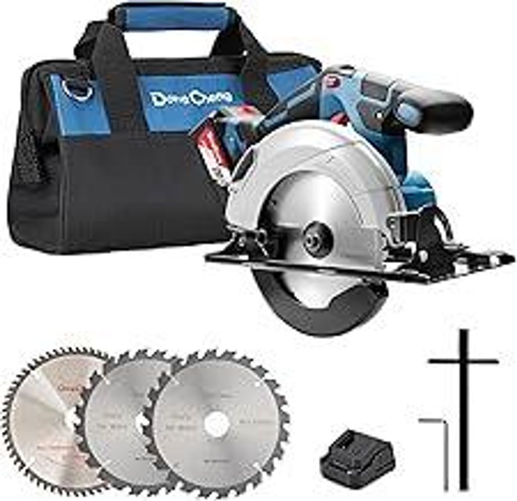 Dong Cheng 18V Akku Handkreissäge Ø165mm, 5000RPM, Schnitttiefe 59 mm, 0-50° (inkl. Ø165 x Ø20 mm Sägeblatt, Akku/Ladegerät, BOXX) DCMY165S