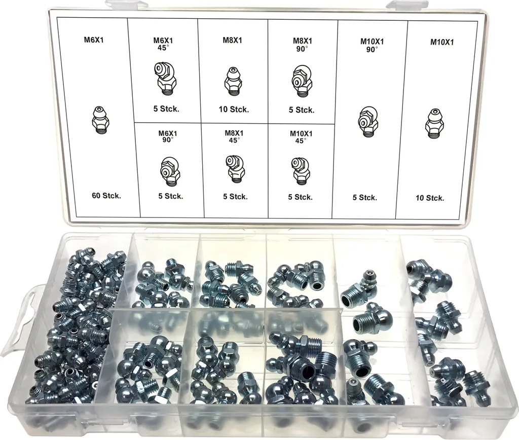 Assortiment de graisseurs hydrauliques M6 à M10 en acier zingué 110 pcs