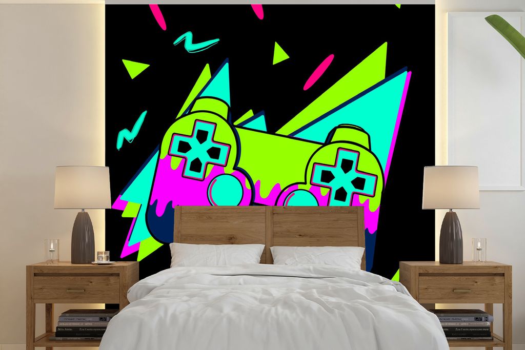 MuchoWow Fototapete für Wohnzimmer oder Schlafzimmer Wandtapete Vinyl Motivtapete Gaming - Controller - Schwarz - 350x350 cm - Schlafzimmertapete