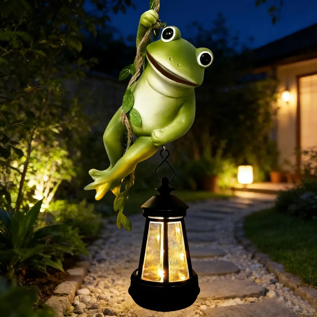 Statue grenouille solaire en résine avec lanterne LED suspendue 25cm