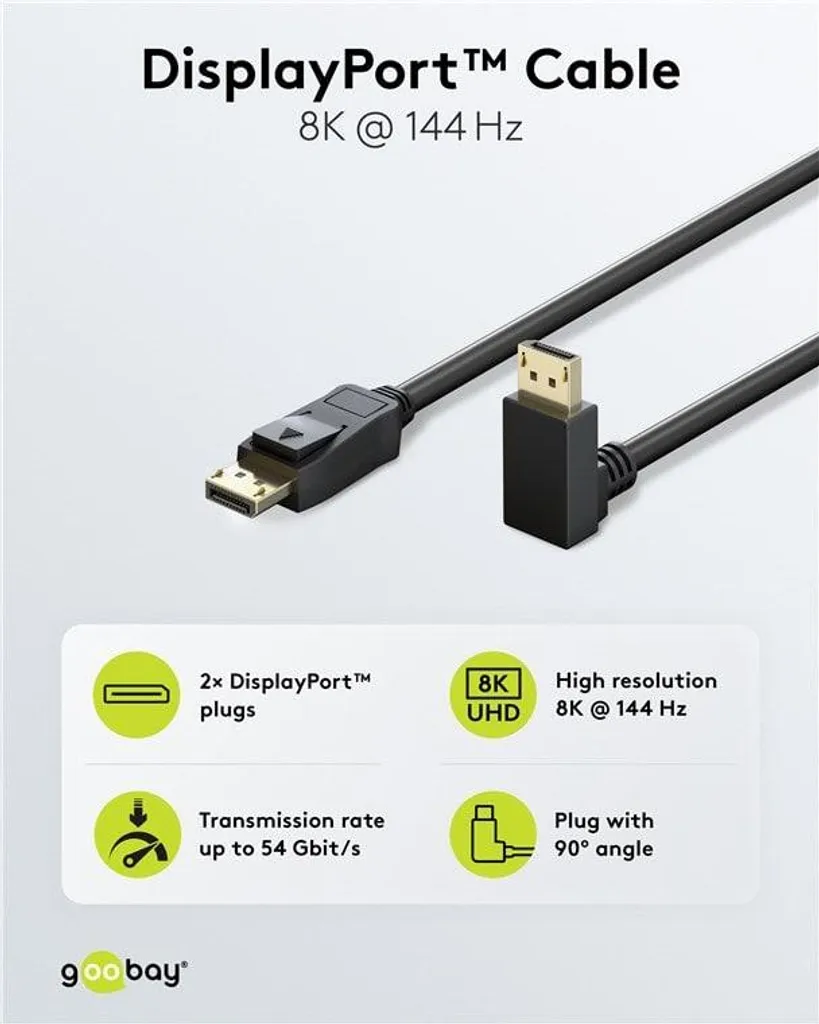 Goobay Câble DisplayPort 2.1 Coudé vers le Bas 8K 144Hz - Longueur 5m