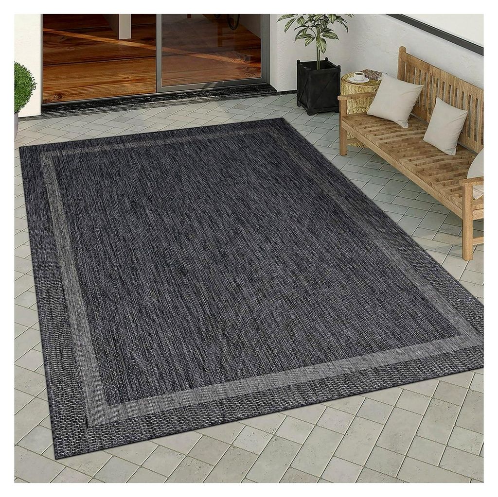 Wetterfester und pflegeleichter Outdoor-Teppich aus Flachgewebe in Sisal-Optik mit Bordüre, UV-beständig, modern für Balkon, Terrasse, Garten, W...