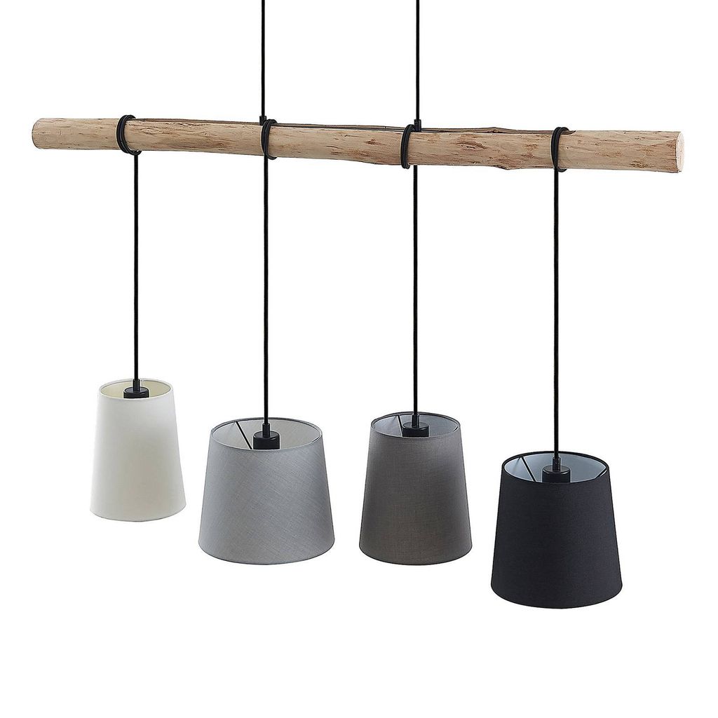 A pendant light fixture with a natural wood beam and four fabric lampshades in different colors.