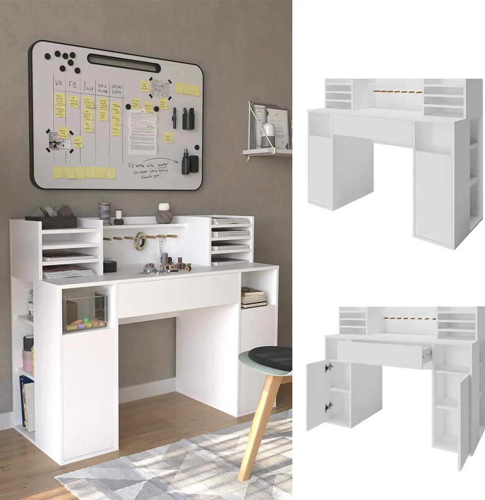 Table informatique blanche Vicco avec rangement étagère pour studio