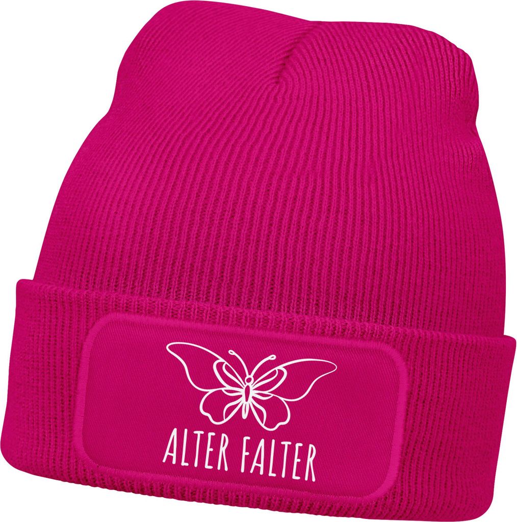 Damen Beanie Patch Wortspiel Alter Falter Strickmütze mit Spruch Aufdruck Lustig Damenmütze Moonworks