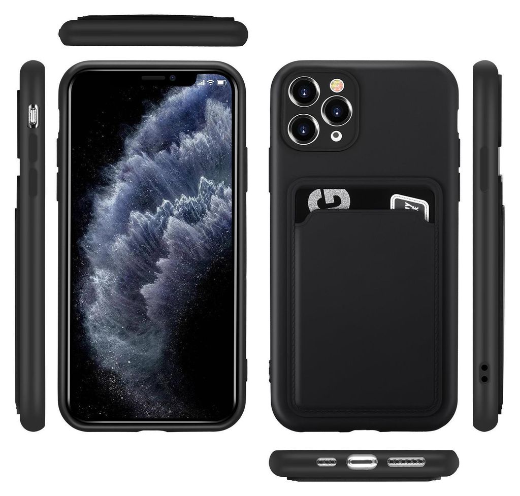Multiple views of a black iPhone case with a cardholder.