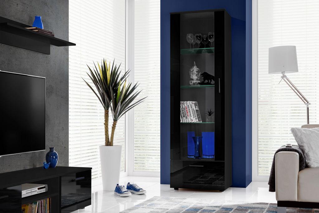 Komodee, Vitrine Schrank Alessandria, Schwarz/Schwarz, Breite 60cm x Höhe 192cm x Tiefe 42cm, 3 Glasböden, 1 Regal aus laminierter Platte, für W...