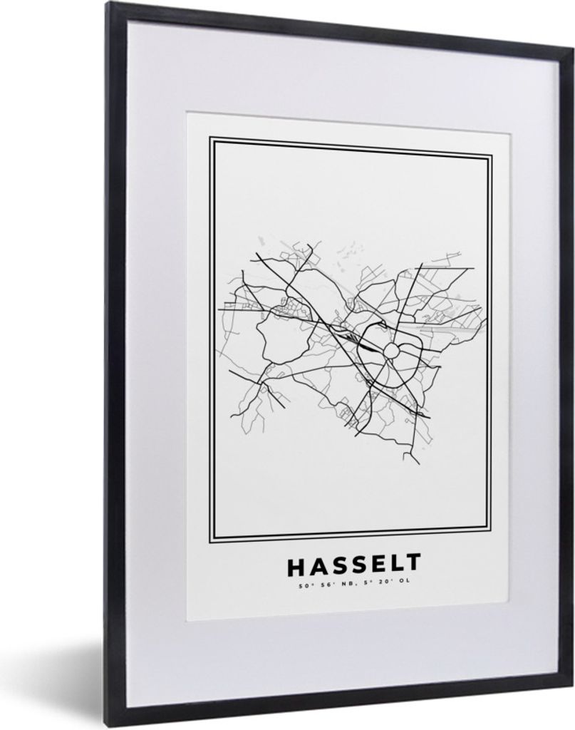 MuchoWow Gerahmtes Poster Belgien - Hasselt - Stadtplan - Karte - Schwarz und weiß - Karte 30x40 cm - Poster mit Schwarzem Bilderrahmen Wandpost...
