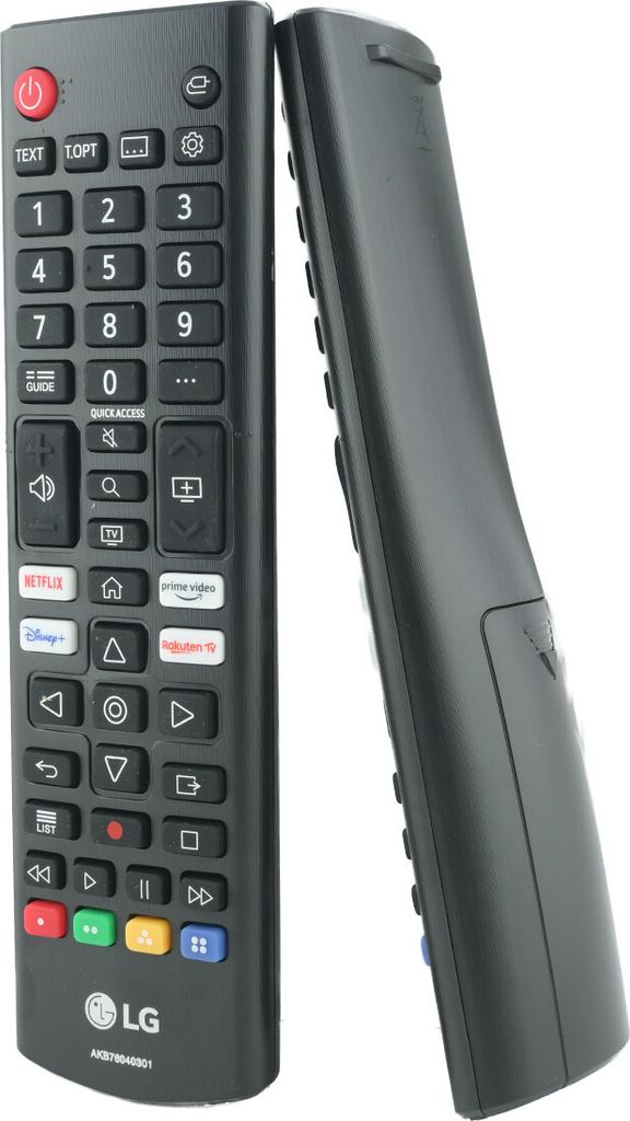 Two LG remote controls are shown against a white background, with one leaning against the other.