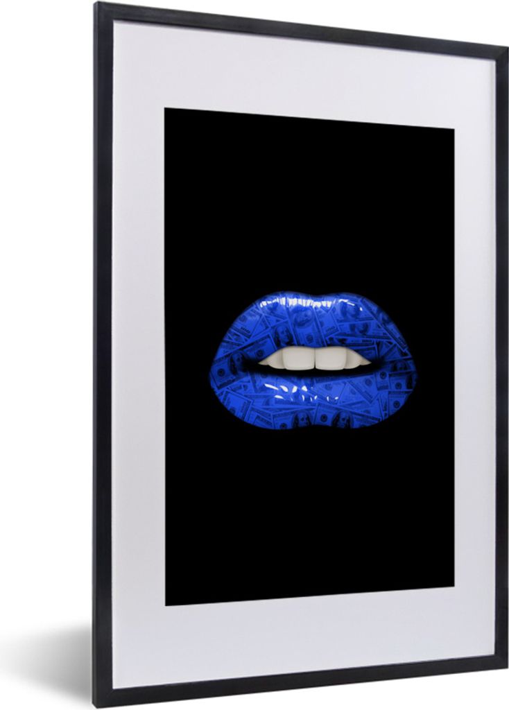 MuchoWow MuchoWow Gerahmtes Poster Lippen - Geld - Blau 40x60 cm - Poster mit zchwarzem Bilderrahmen - Poster in Rahmen