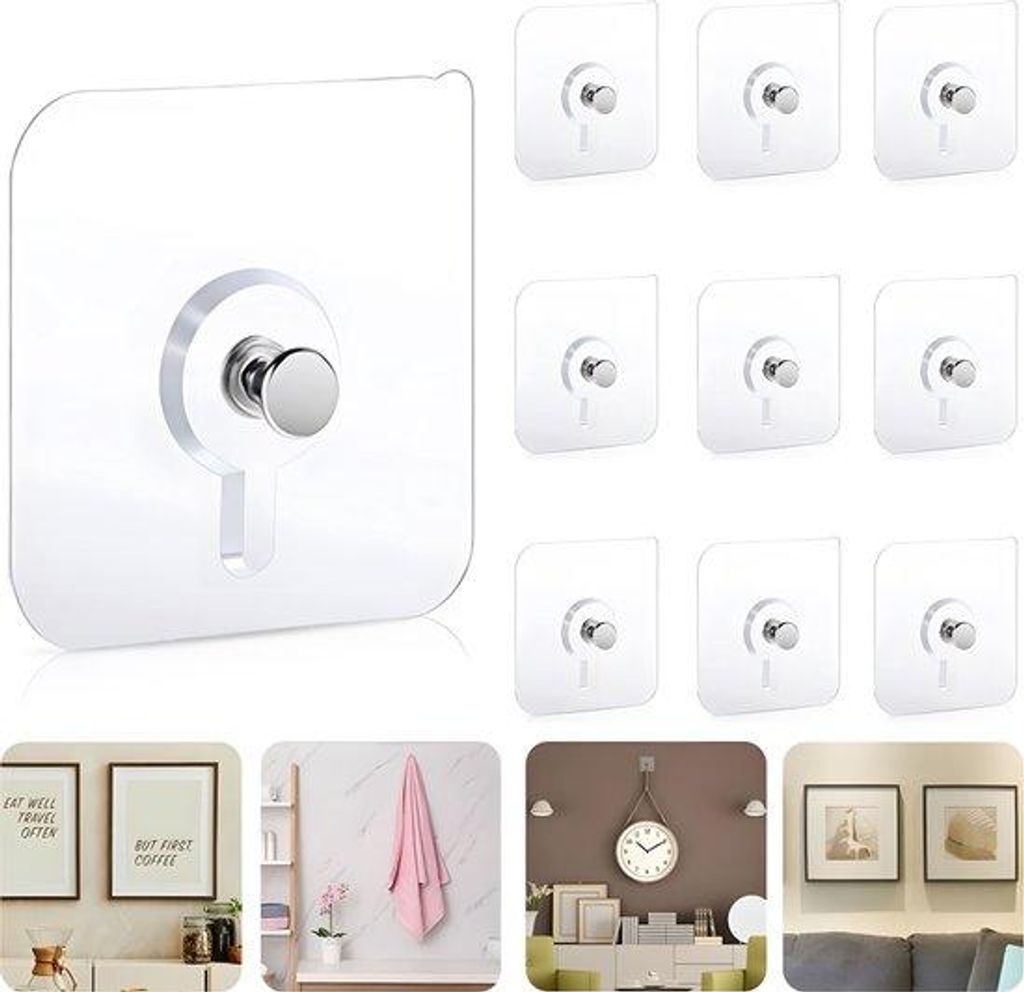 Selbstklebende Haken - 10 Stücke - Klebende Wandhaken - Ophangsystem - Handtuchhalter - Wandhalter - Klebepins - Bilderrahmen - Flache Kopf - Ohne...