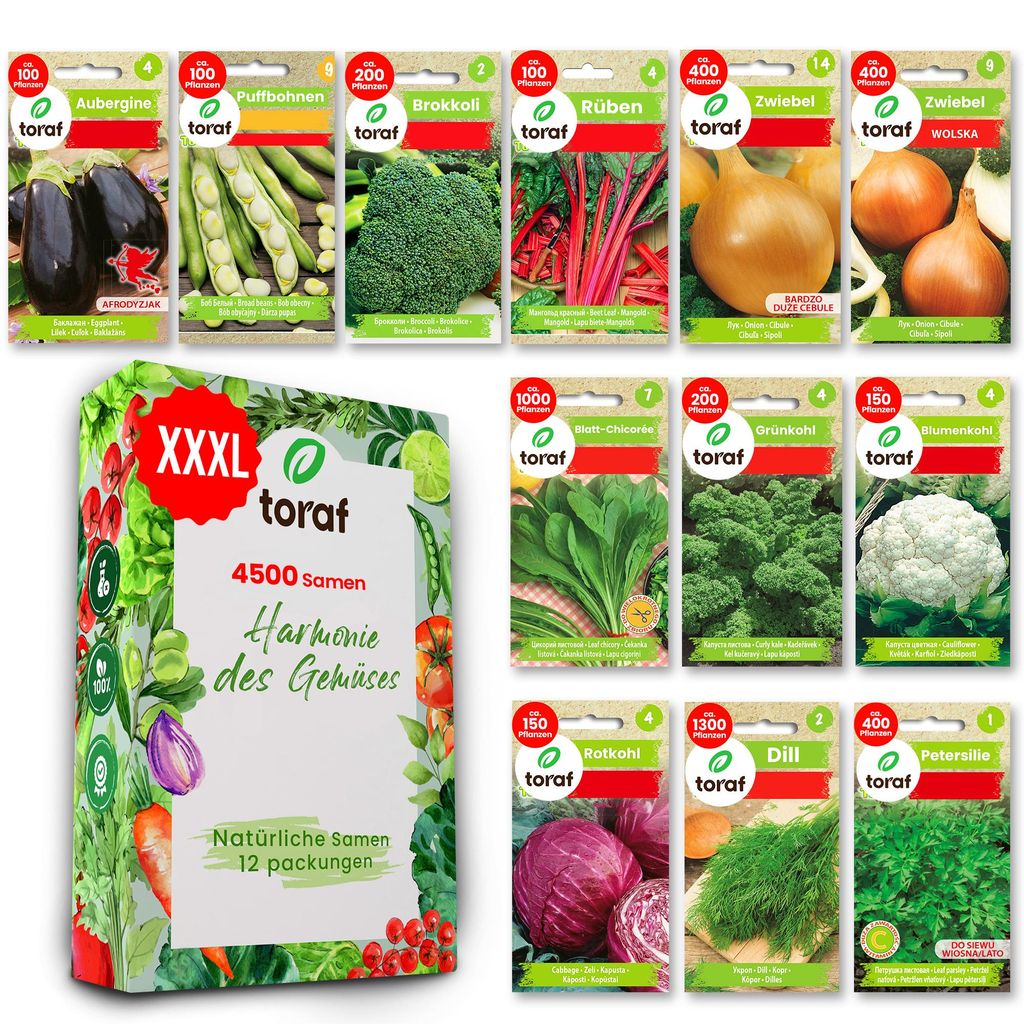 Toraf Gemüsesamen XXL Set 4500 Samen 12 Sorten Gemüse Saatgut für Garten und Balkon Brokkoli Zwiebel Kohl Dill Petersilie