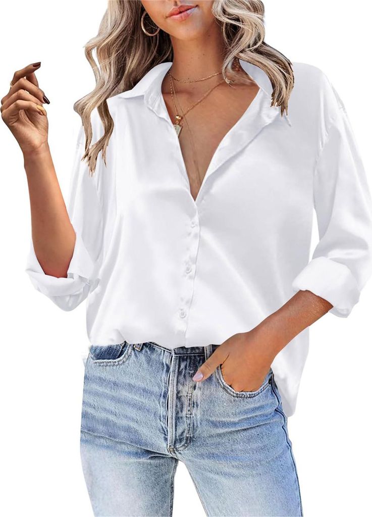 ASKSA Damen Satin Bluse V-Ausschnitt Hemde Elegant Knoepfen Oberteile Casual Einfarbig Tunika Langarmshirt (Weiss,M)