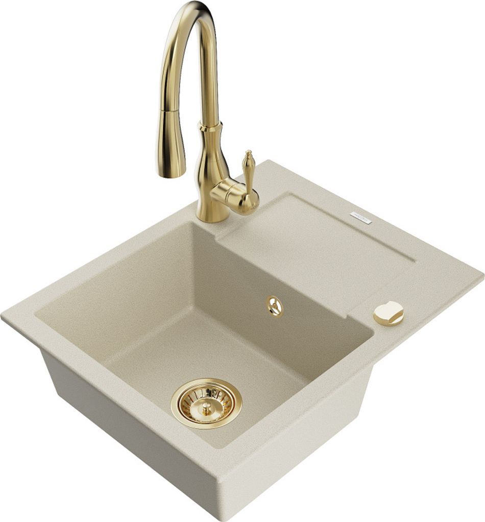 Mexen Enzo 1 Becken-Granitspüle mit Abtropffläche und Mischbatterie Savita, Beige - 6506-69-672601-50