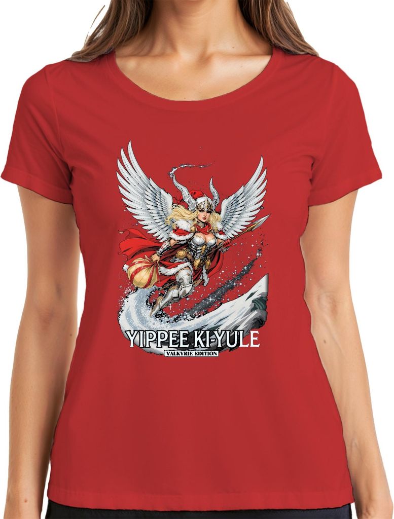 YIPPEE KI-YULE Valkyrie Weihnachten Wikinger Flügel Lustig Damen T-Shirt, Rot, S