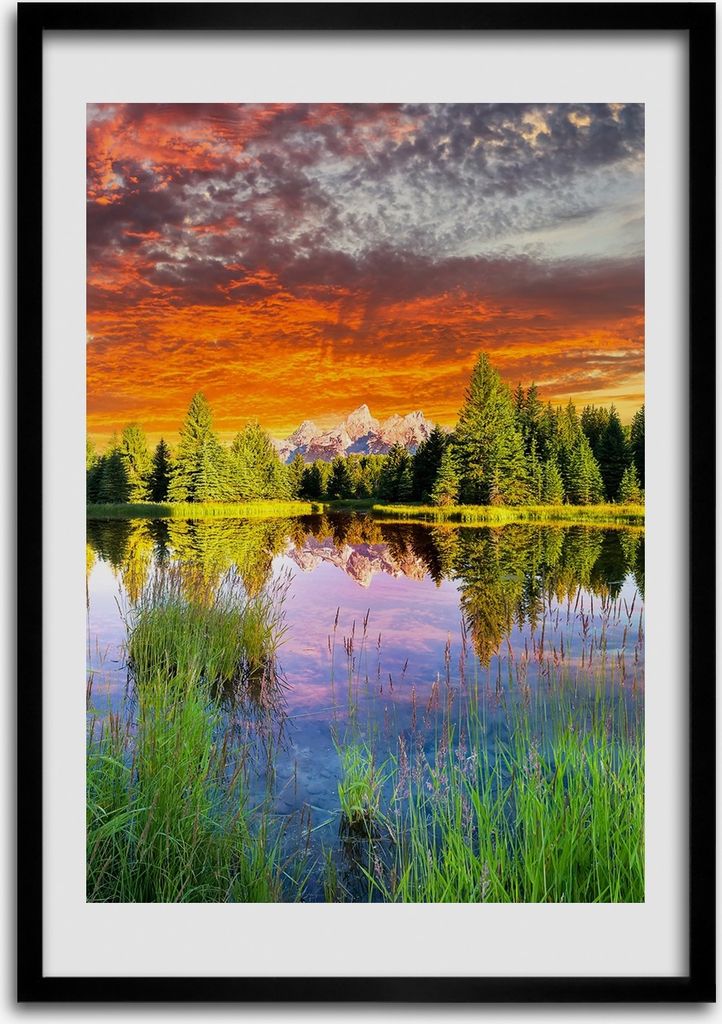 Bild - Bilderrahmen - 50 cm x 70 cm - MDF - Rahmen - Wandkunst See im Wald