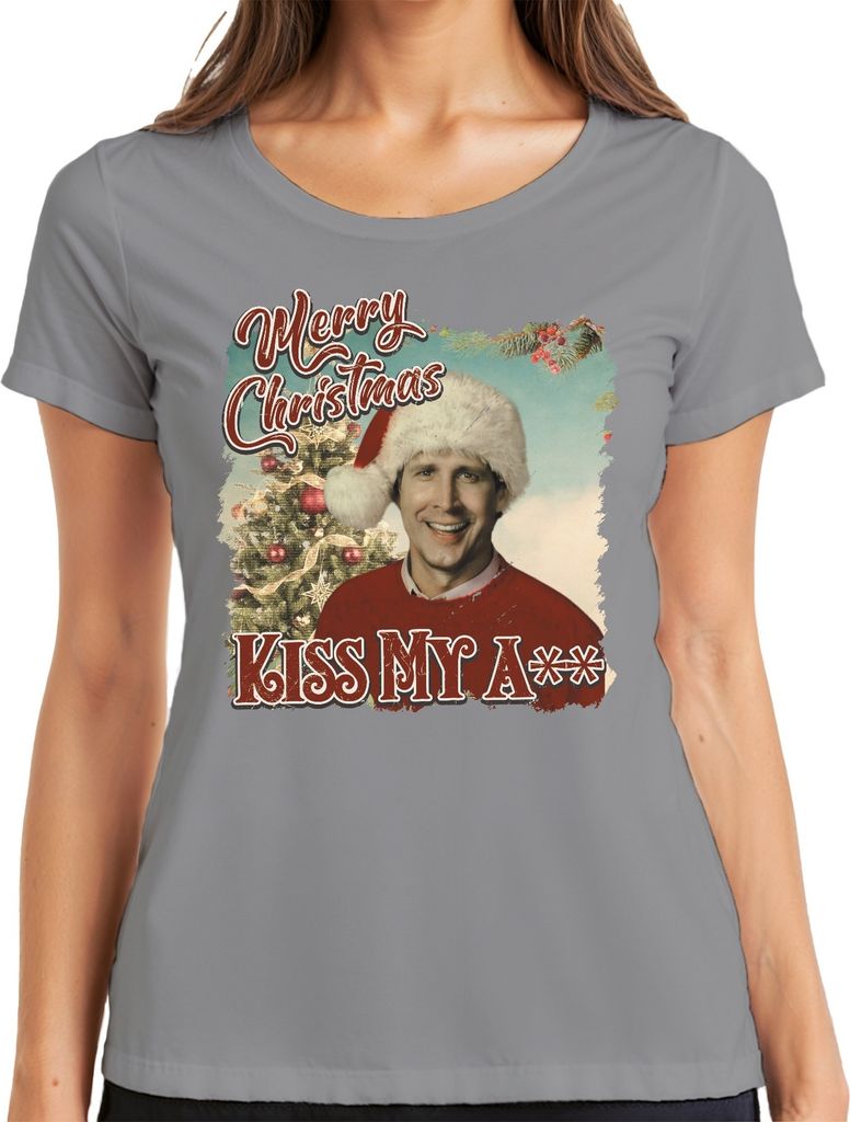 Merry Christmas Clark Griswold Schöne Bescherung Kiss My A - Weihnachten Xmas Damen T-Shirt, Grau, M