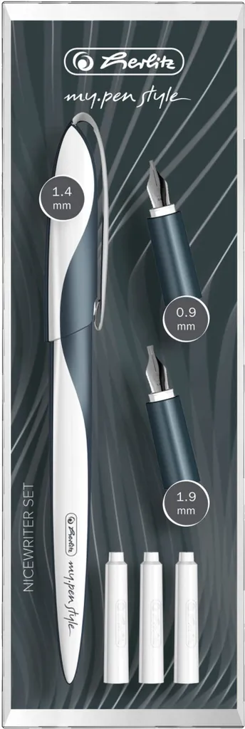 Herlitz 11360286 Set per calligrafia - tre impugnature (0,9/1,4/1,9 mm), penna stilografica, metallo