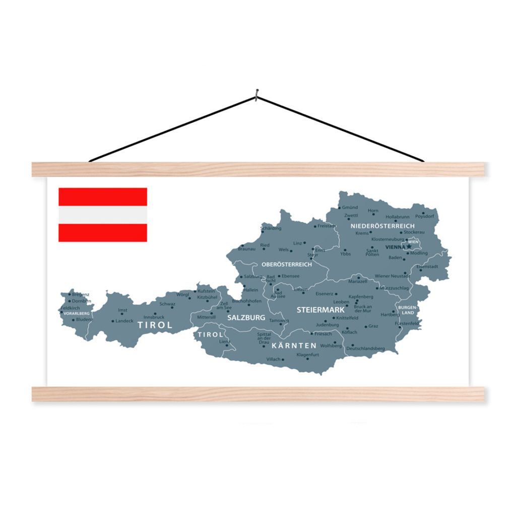 MuchoWow Textilposter Graue Karte von Österreich 150x75 cm mit holzfarbenen Rahmen - Plakate